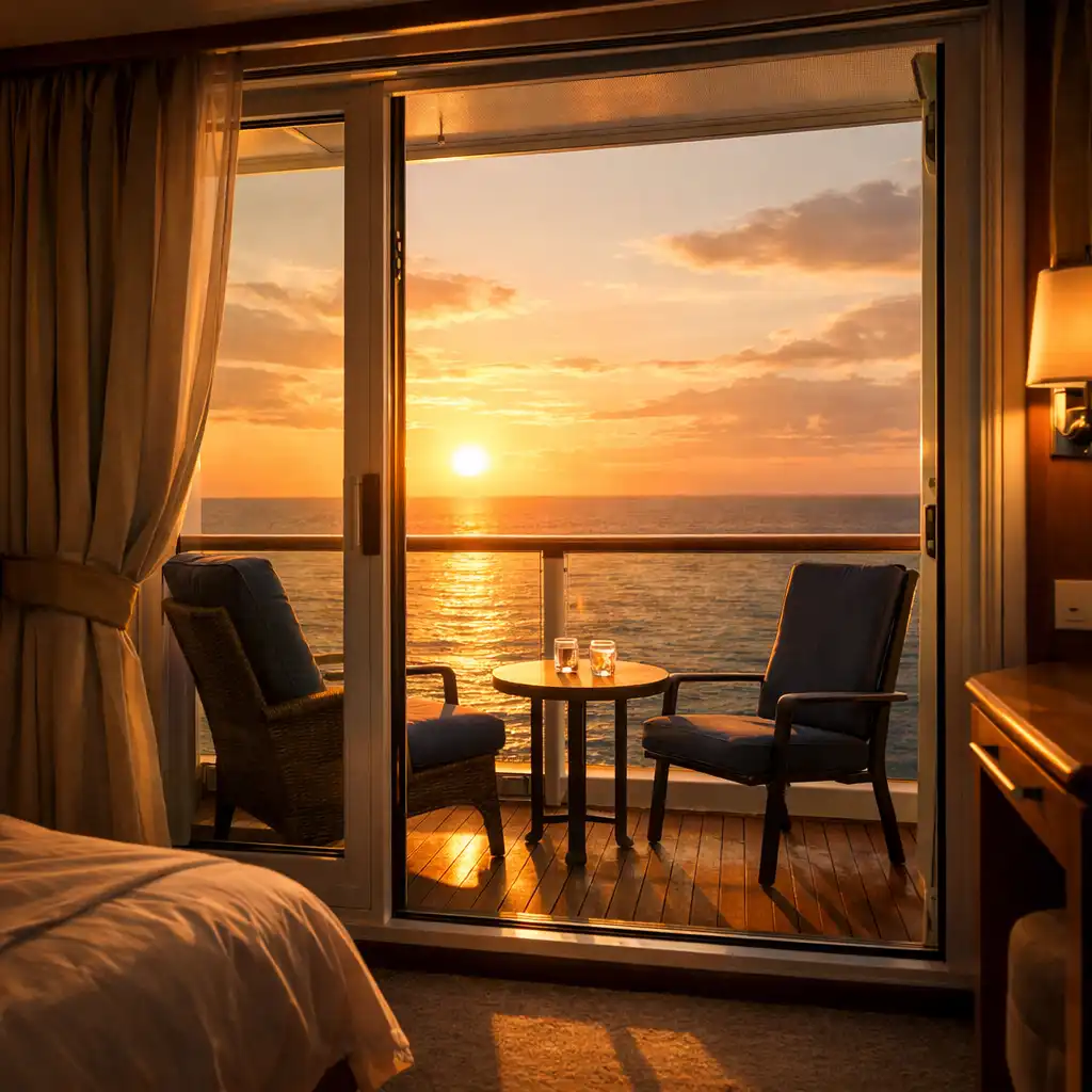 Balcony cruise cabin with open door to private balcony and ocean horizon