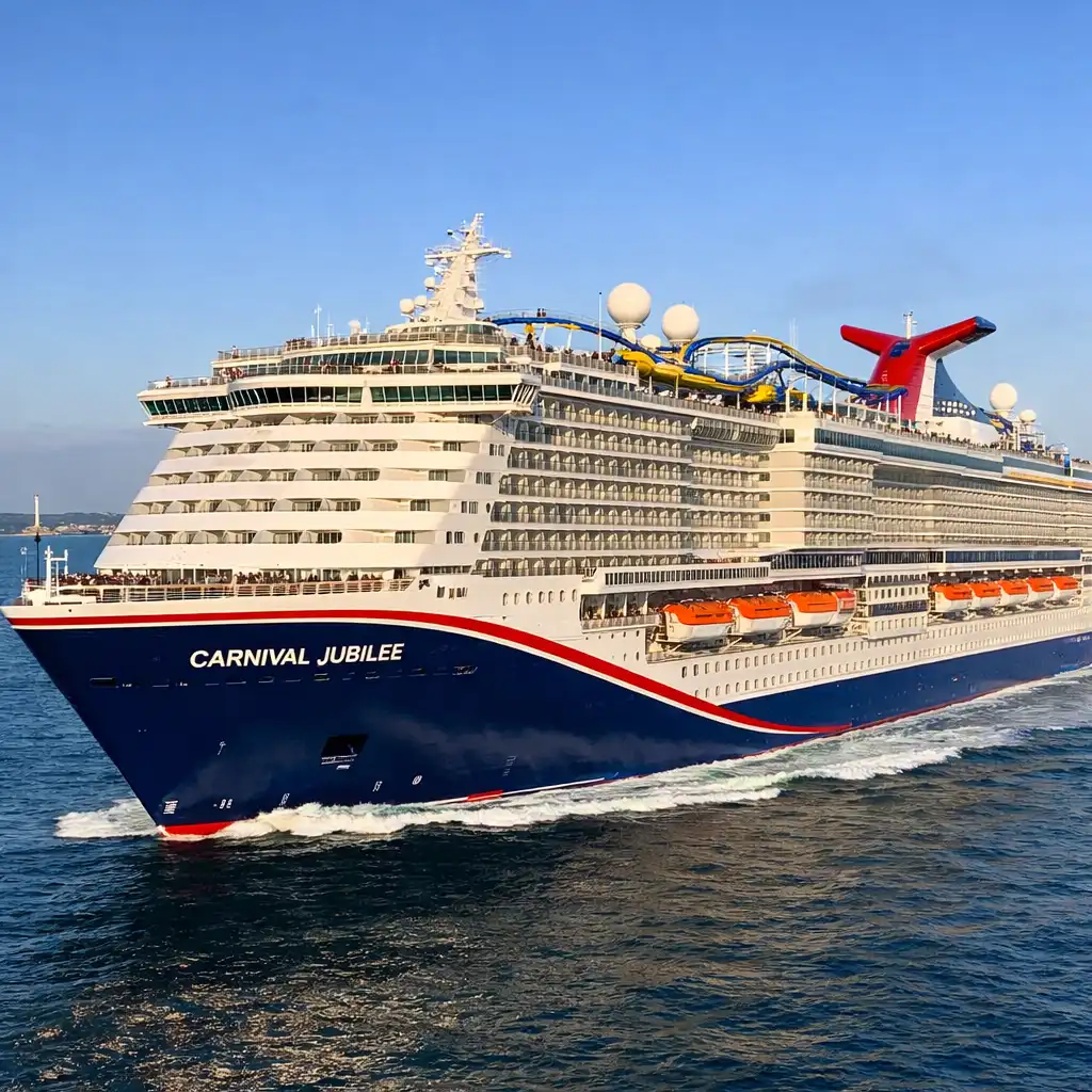 Carnival Jubilee sailing out of port with BOLT roller coaster visible