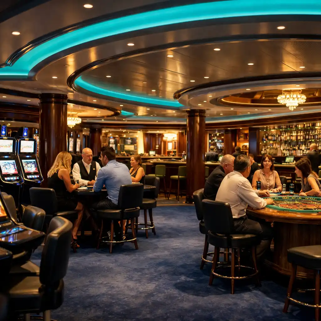 Elegant cruise ship casino with slot machines and gaming tables