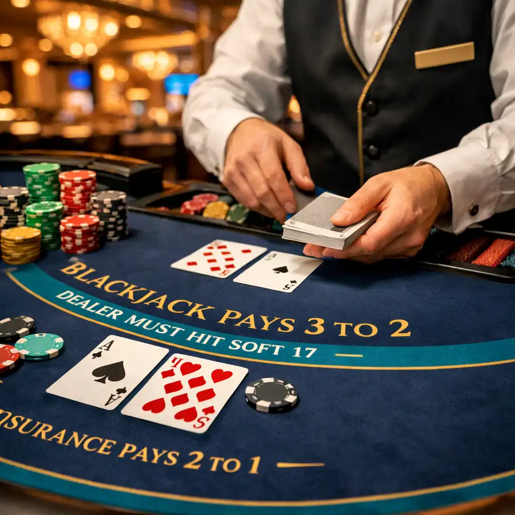 Blackjack table on a cruise ship with cards and colorful chips