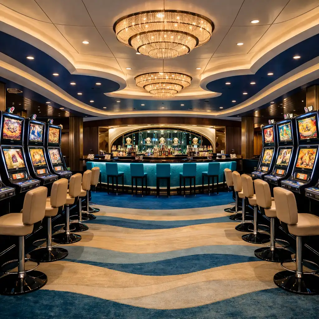 Modern cruise ship casino with rows of slot machines and a stylish bar