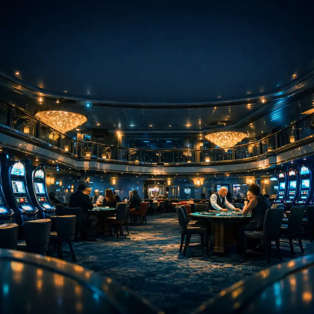 Luxurious cruise ship casino interior with slot machines and gaming tables
