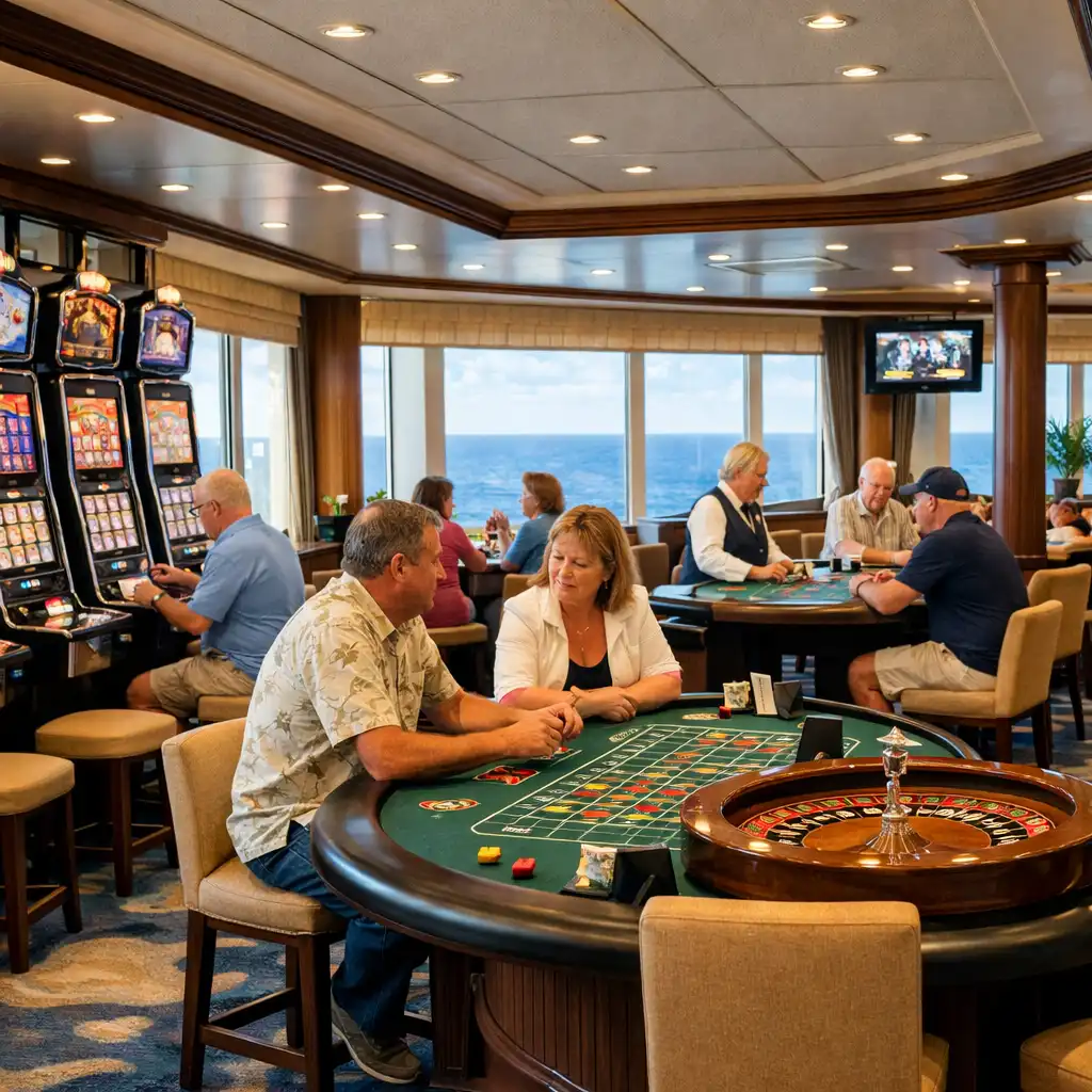 Cruise ship casino interior during the day with slot machines and table games