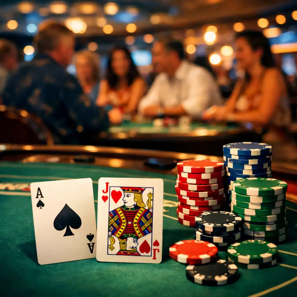 Close-up of a blackjack table with cards and chips on a cruise ship