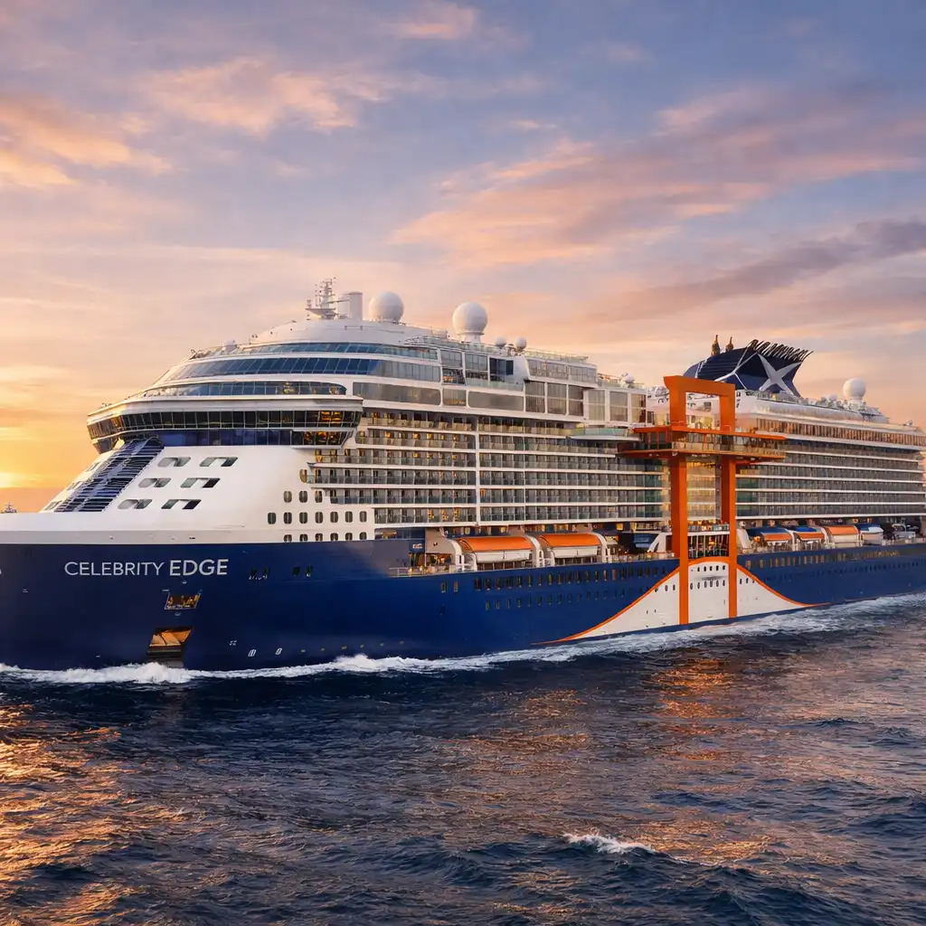Celebrity Edge at sea with the Magic Carpet platform visible