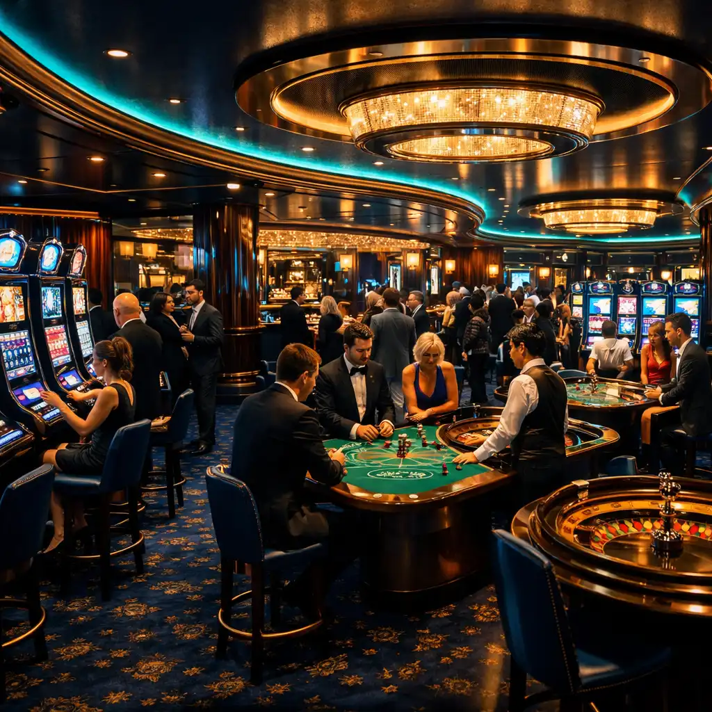 Luxurious cruise ship casino at night with glowing slot machines and elegant table games