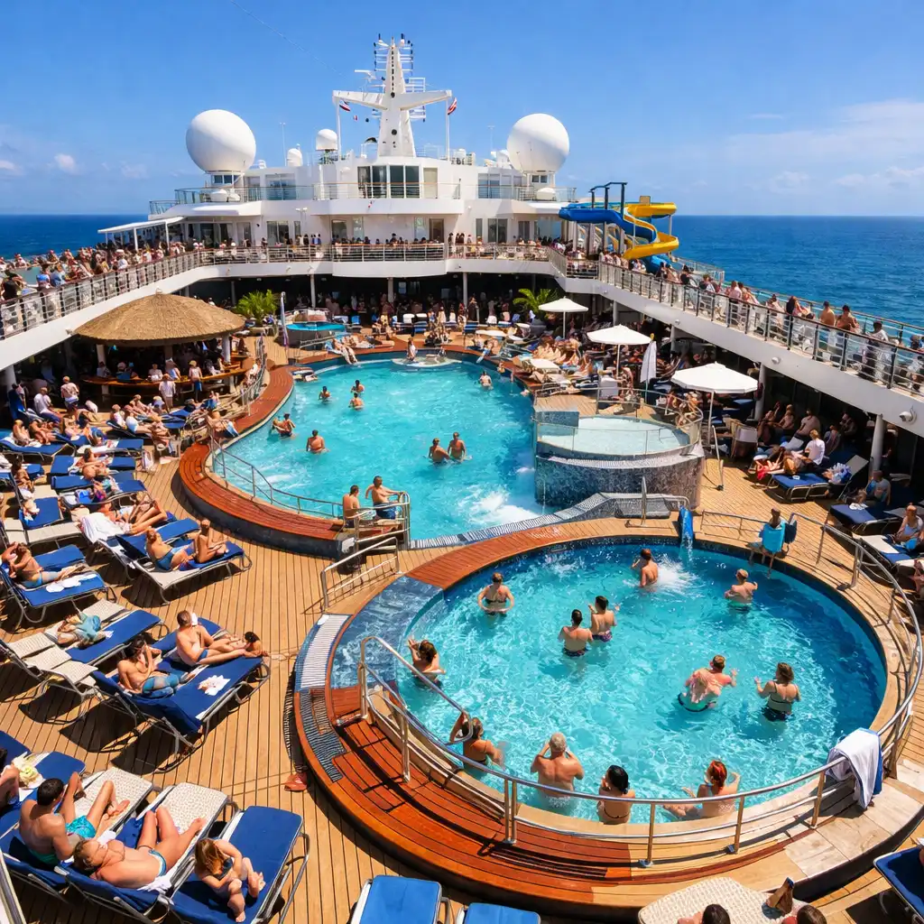 Wide-angle view of a cruise ship top deck with pools and sun loungers