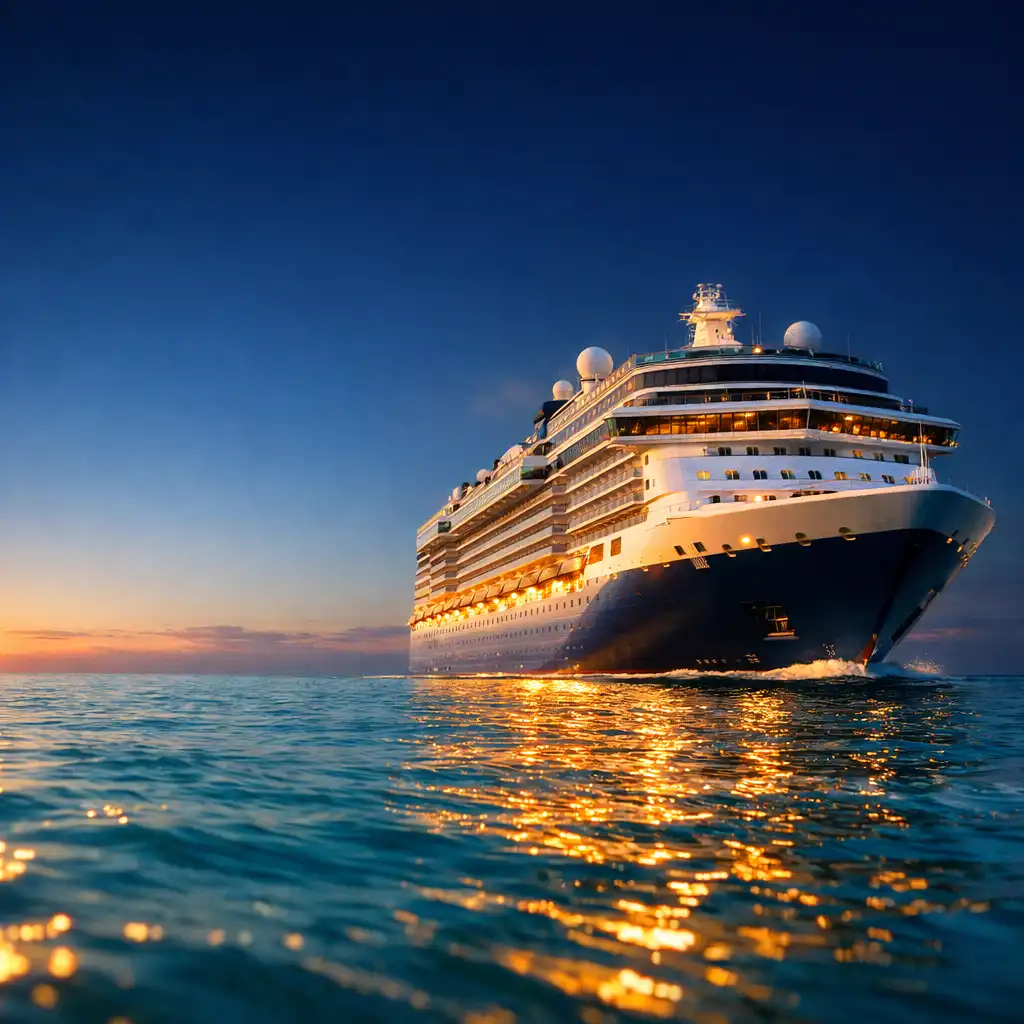 Cruise ship sailing on calm ocean at golden hour