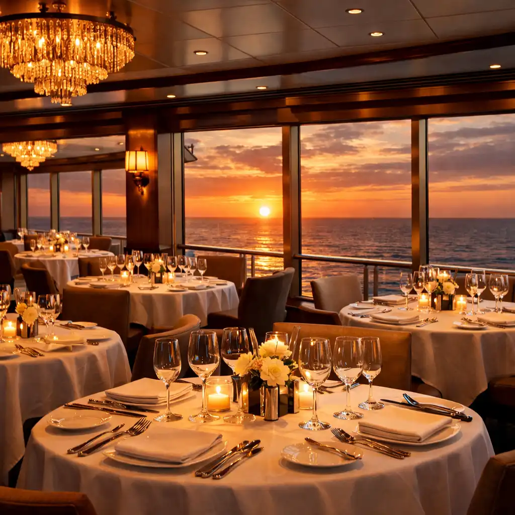 Elegant cruise ship restaurant with ocean views and tables set for dinner