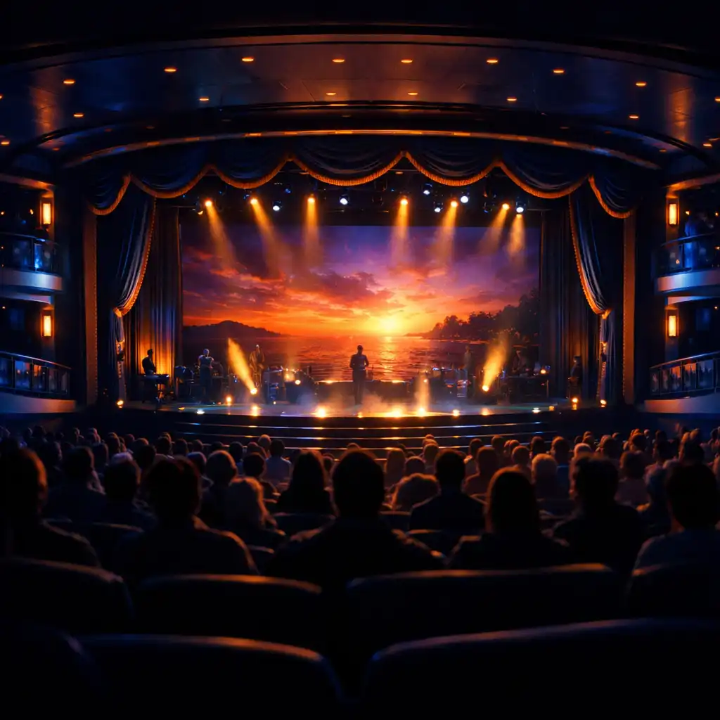 Cruise ship theater at dusk with illuminated stage and audience