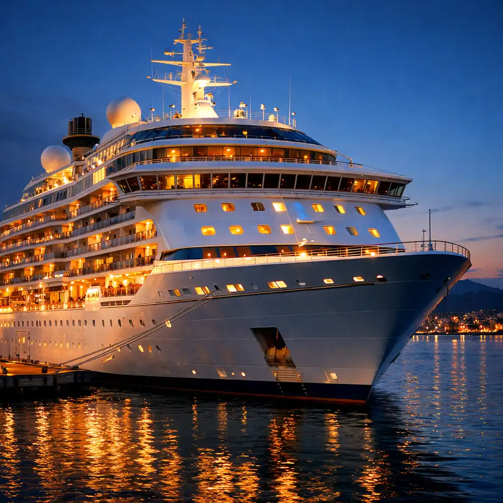 Luxurious cruise ship exterior at dusk with glowing portholes and deck lights