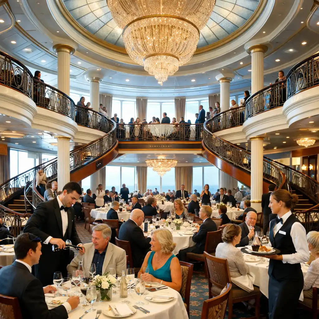 Grand two-story main dining room with sweeping staircases and elegant table settings