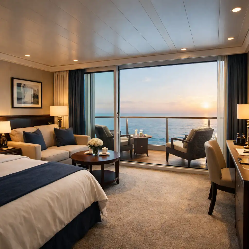 Luxurious cruise ship balcony cabin with ocean view and elegant furnishings