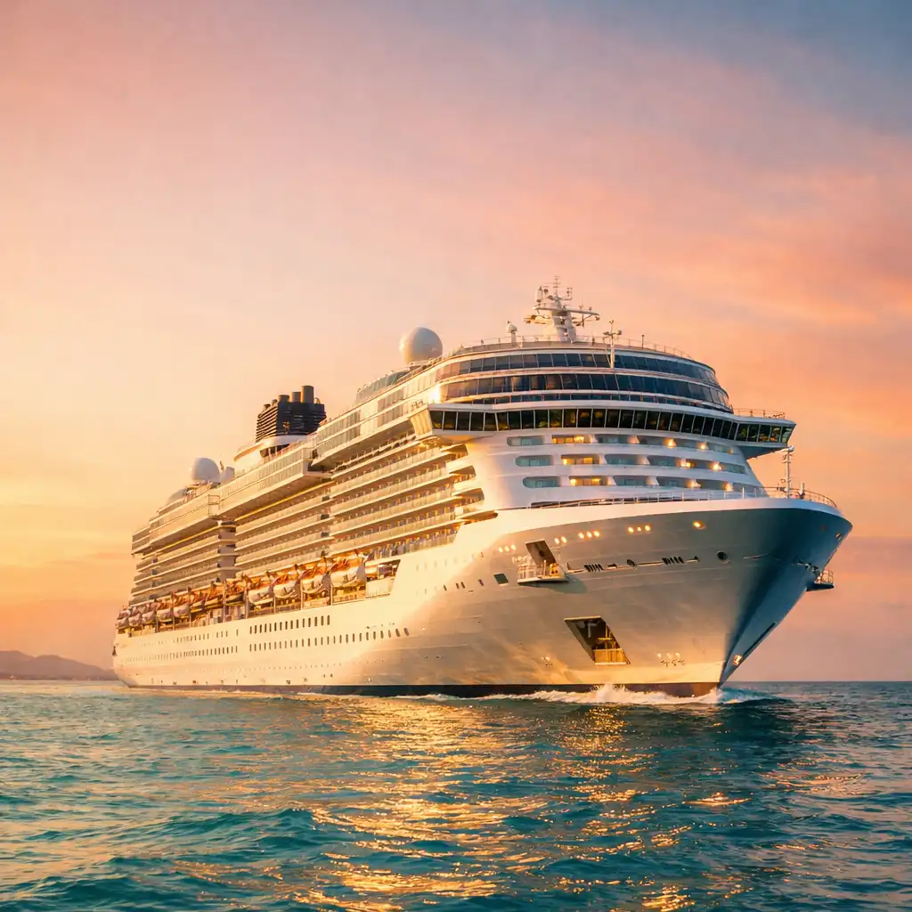 Majestic cruise ship sailing on calm turquoise ocean waters at golden hour