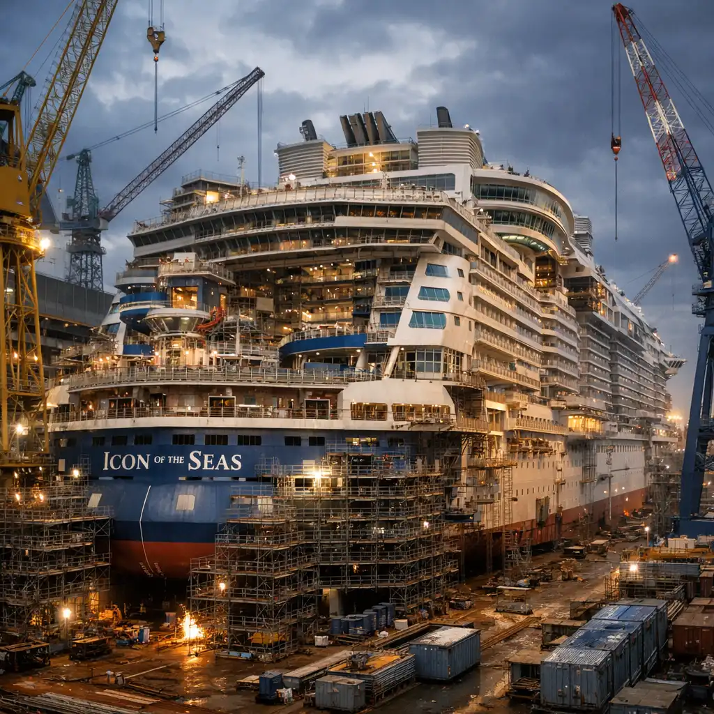 Icon of the Seas under construction in a shipyard