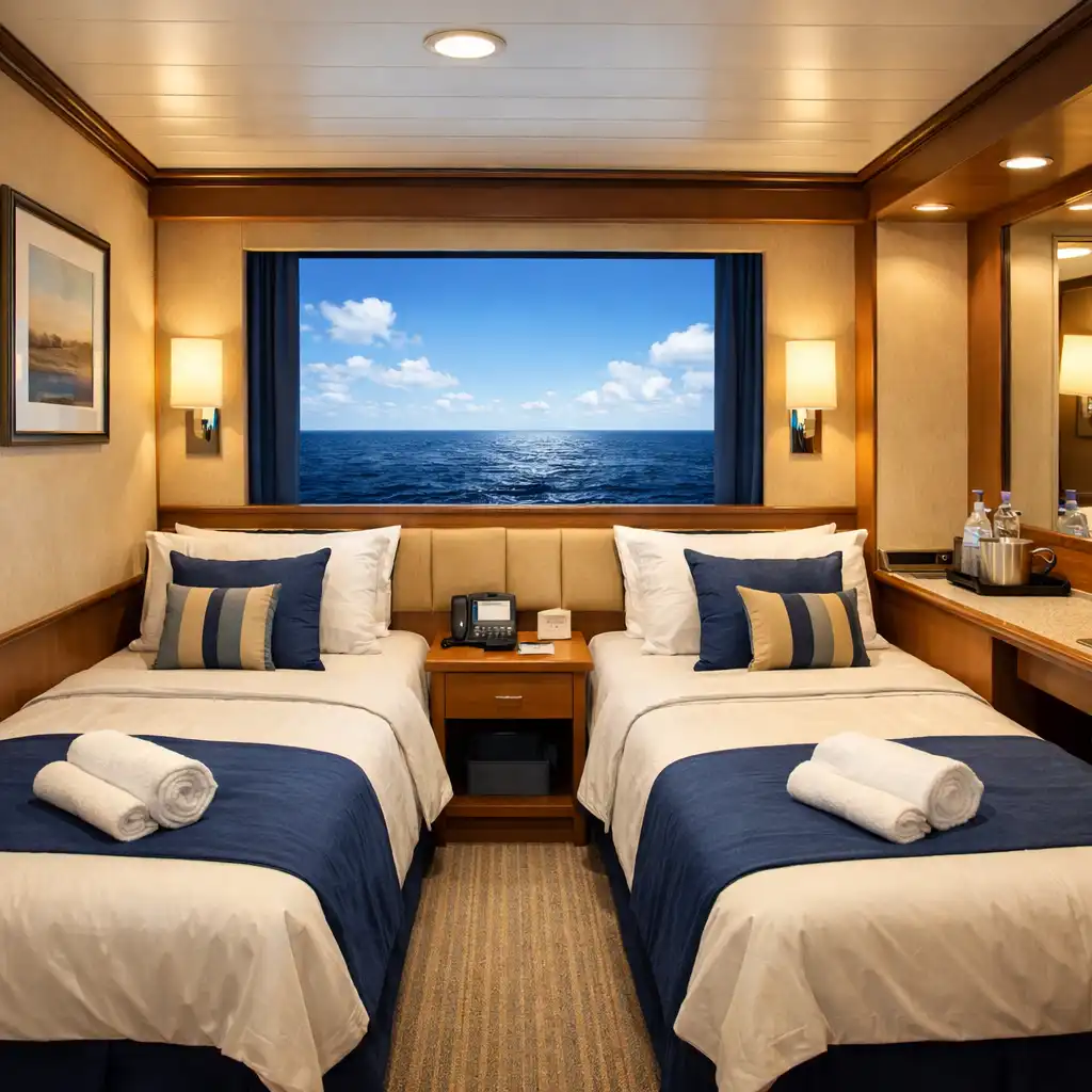 Compact interior cruise cabin with twin beds and virtual window screen