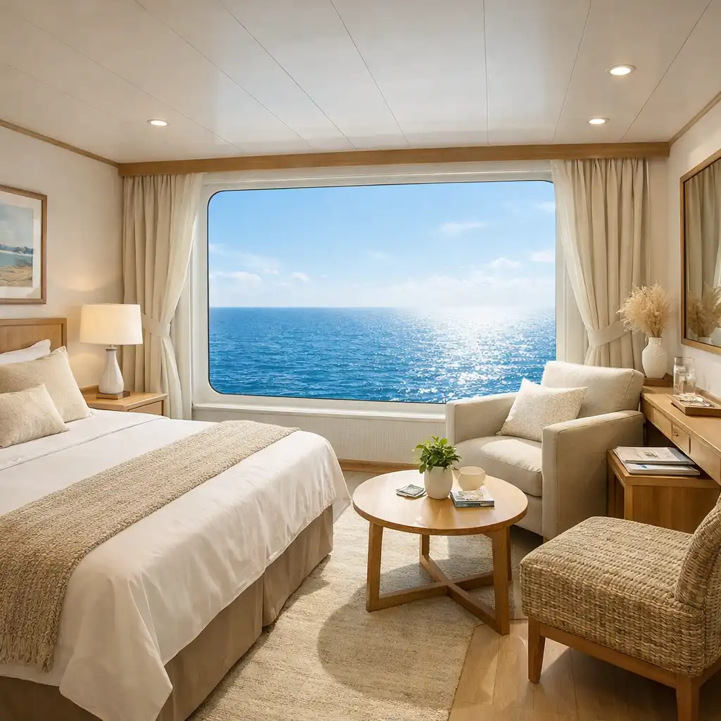Bright oceanview cruise cabin with large picture window and seating area