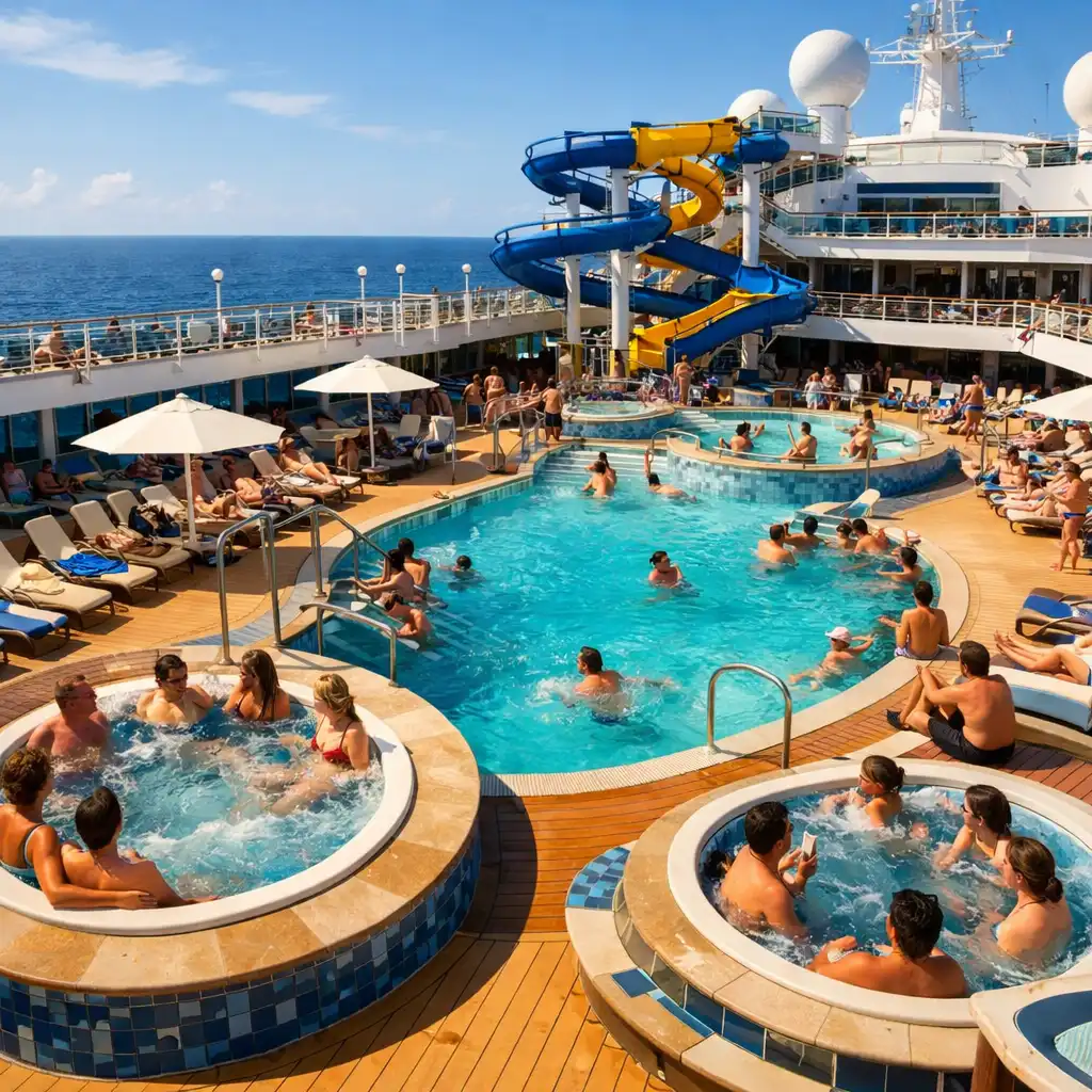 Sunlit cruise ship pool deck with multiple pools and water slide
