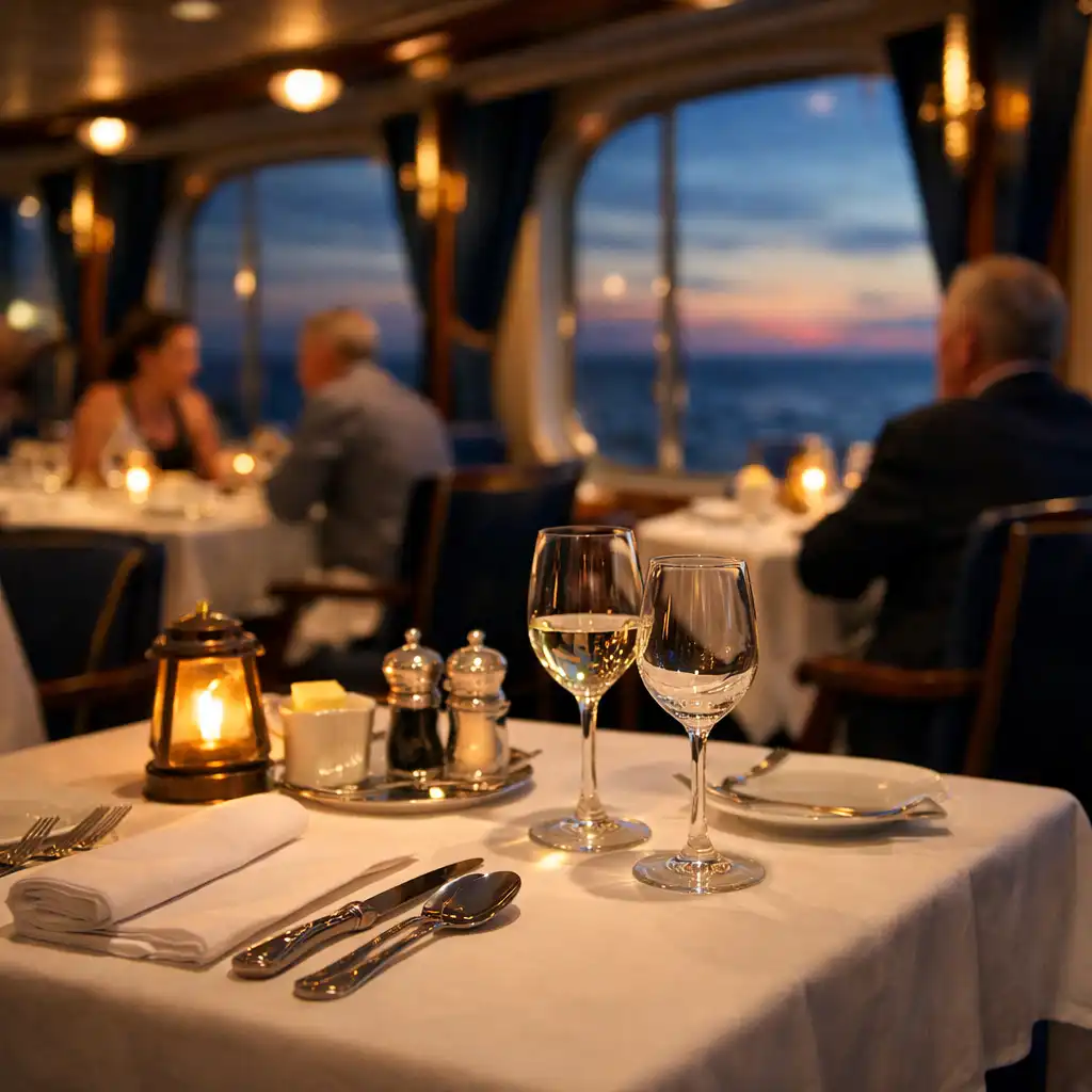 Elegant cruise ship restaurant with white tablecloths, polished silverware, and ocean views at dusk