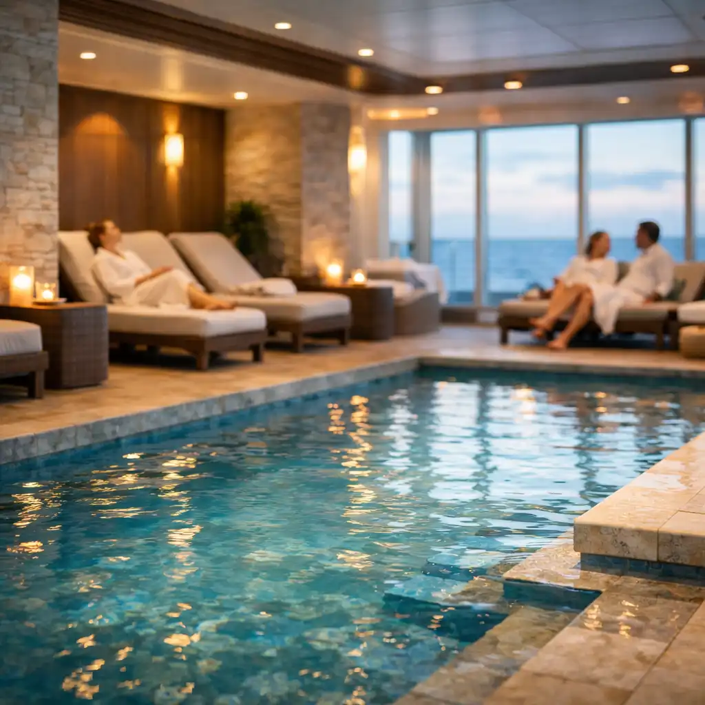 Serene cruise ship spa area with a tranquil pool, loungers, and ocean views