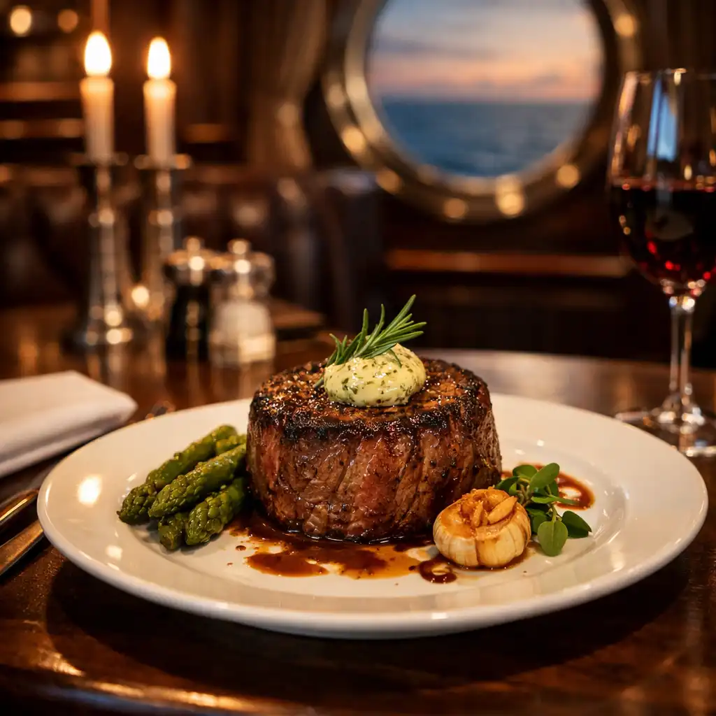 Intimate specialty steakhouse with dark wood, leather booths, and a plated steak