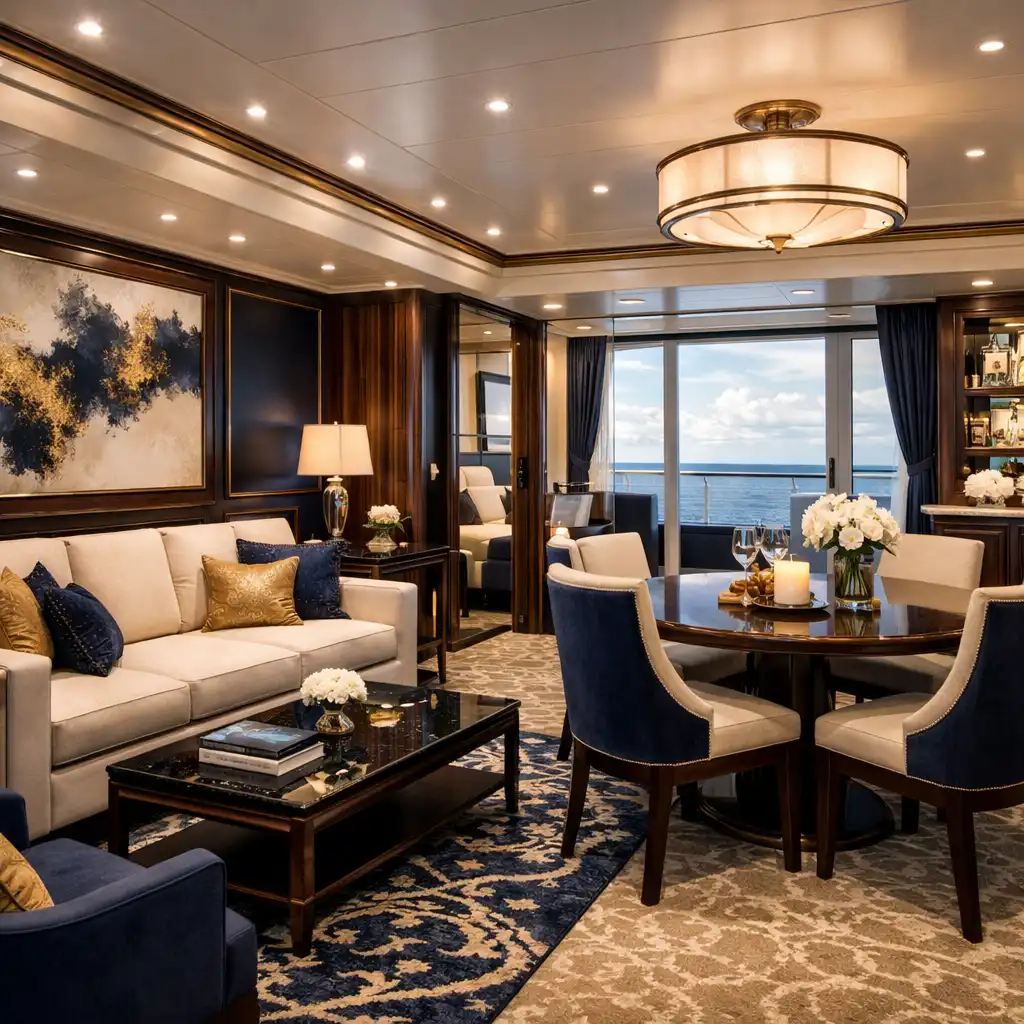 Expansive cruise suite with separate living area, sofa, and dining table
