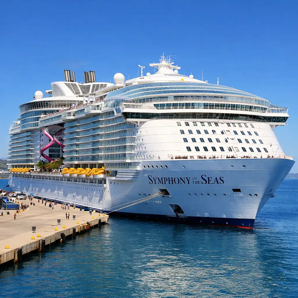 Symphony of the Seas docked at a sunny port