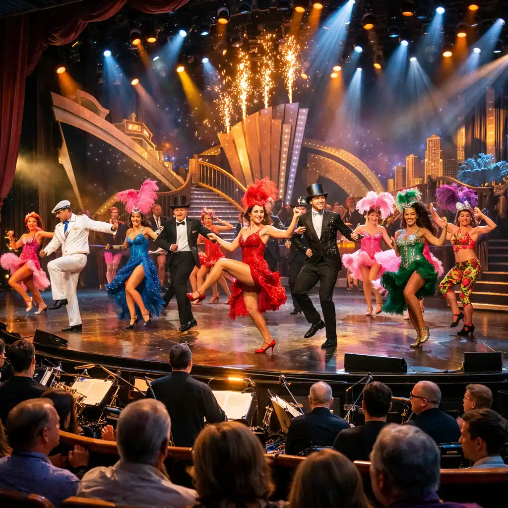 Broadway-style production show on a cruise ship with dancers on stage