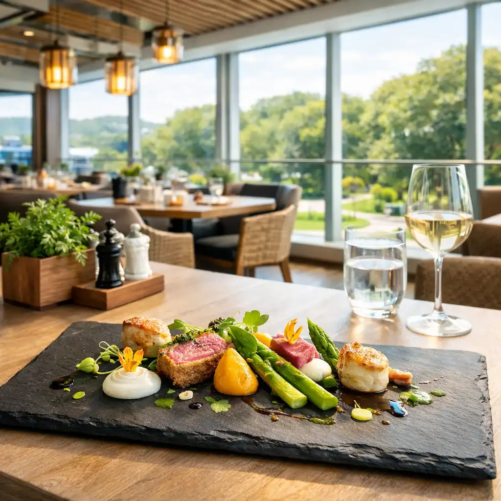 Modern farm-to-table restaurant with a seasonal tasting dish and park views