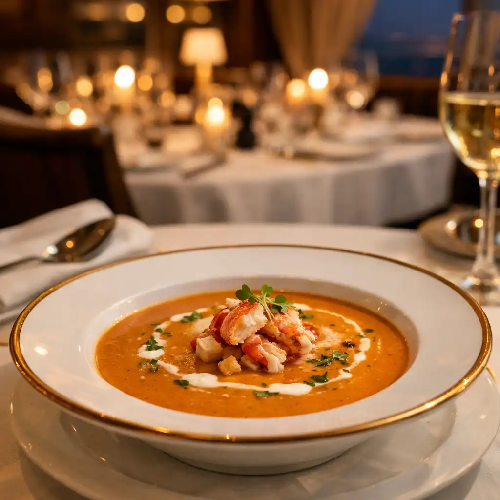 Elegant French restaurant with a plated lobster bisque in the foreground