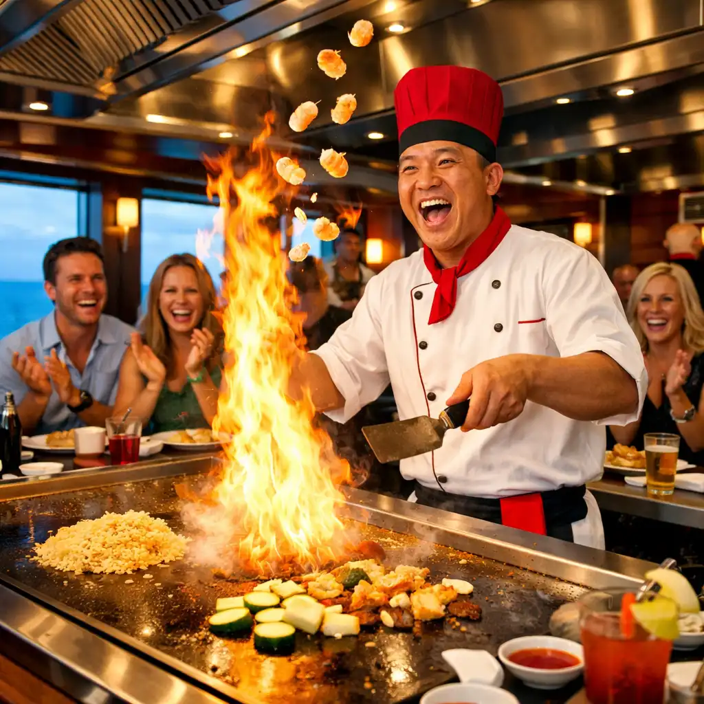 Lively teppanyaki restaurant with a chef cooking on a hot grill in front of guests