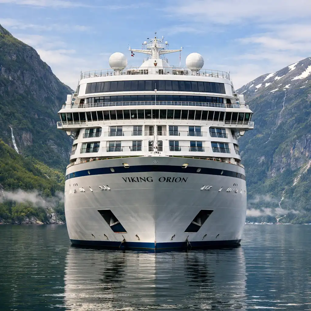 Viking Orion anchored near a scenic fjord